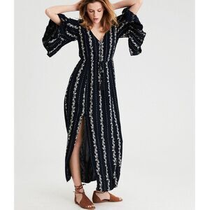 AMERICAN EAGLE OUTFITTERS Black Striped Floral Maxi Dress BOHO Sz M